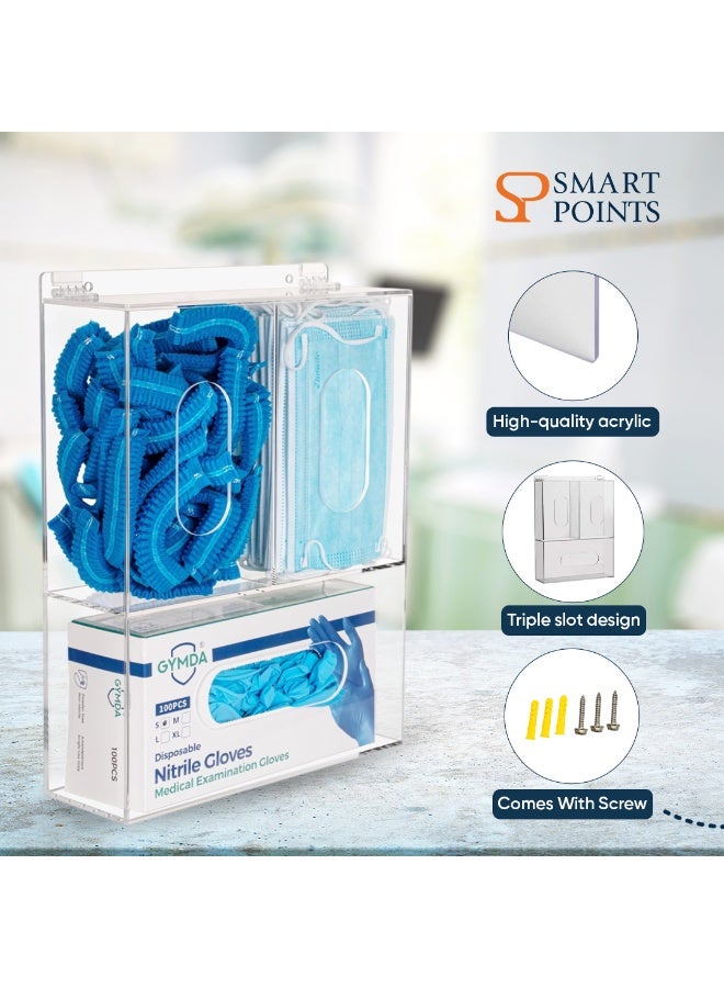 "سمارت بوينتس  " موزع أكريليك ثلاثي الفتحات للقفازات والكمامات مع غطاء – منظم جداري بـ 3 خانات للعيادات والمختبرات – شفاف، عملي وسهل الاستخدام – ‎35 سم ارتفاع × ‎25.6 سم عرض × ‎7.8 سم عمق - Image 4