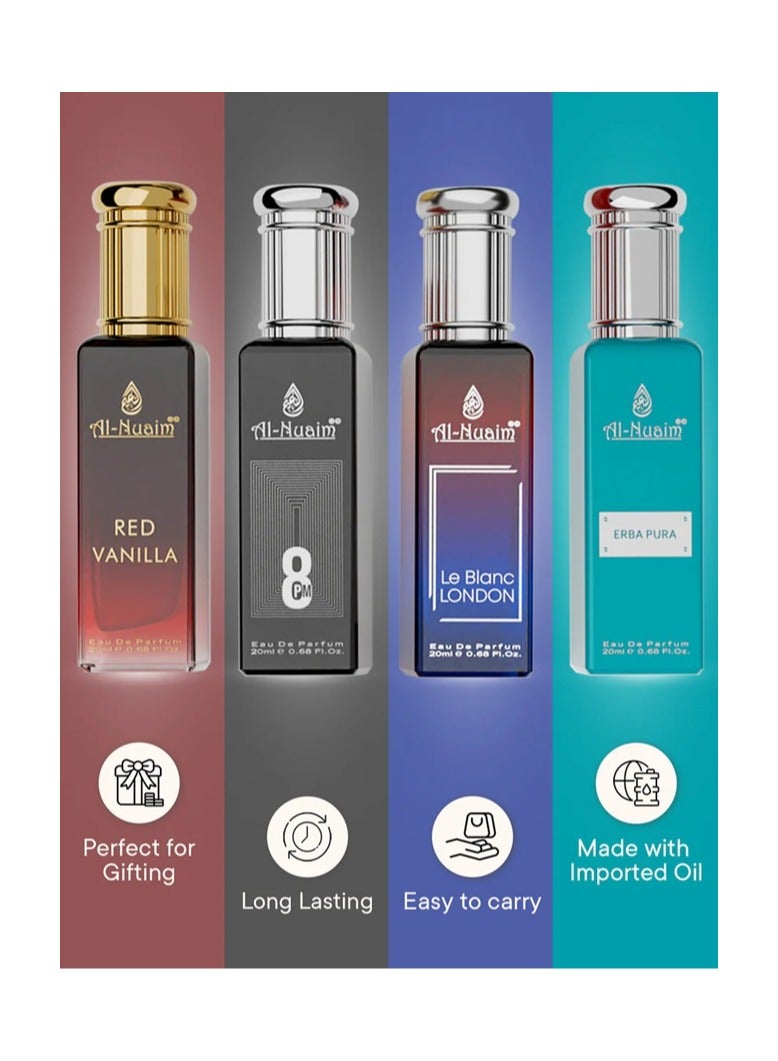Al Nuaim Elite 4 EDP Gift Set Unisex (4 x 20ml) | Le Blanc London, Erba Pura, Red Vanilla, 8PM | Long Lasting Luxury Eau de Parfum Collection for Men & Women | Premium Travel Size Perfume Set - Image 4
