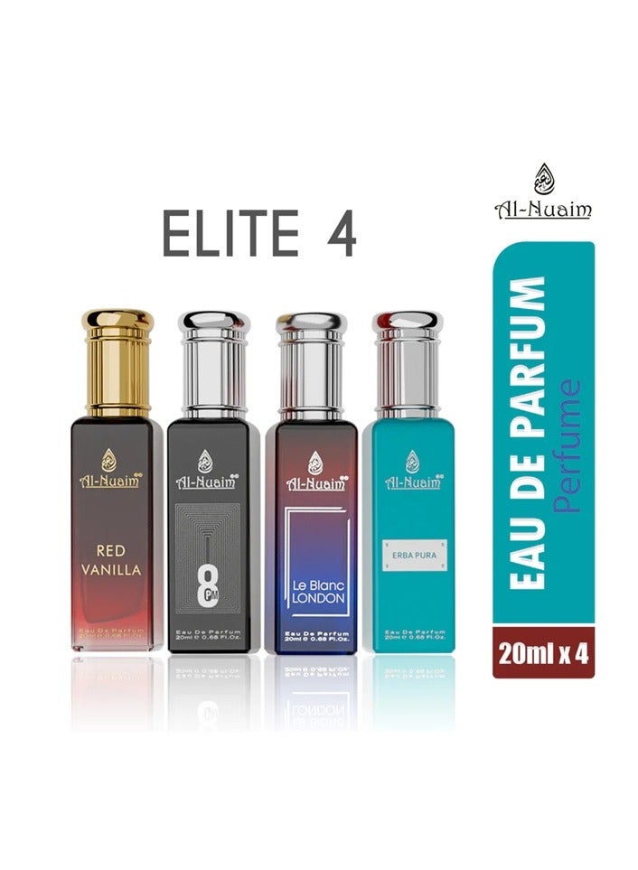 Al Nuaim Elite 4 EDP Gift Set Unisex (4 x 20ml) | Le Blanc London, Erba Pura, Red Vanilla, 8PM | Long Lasting Luxury Eau de Parfum Collection for Men & Women | Premium Travel Size Perfume Set - Image 5