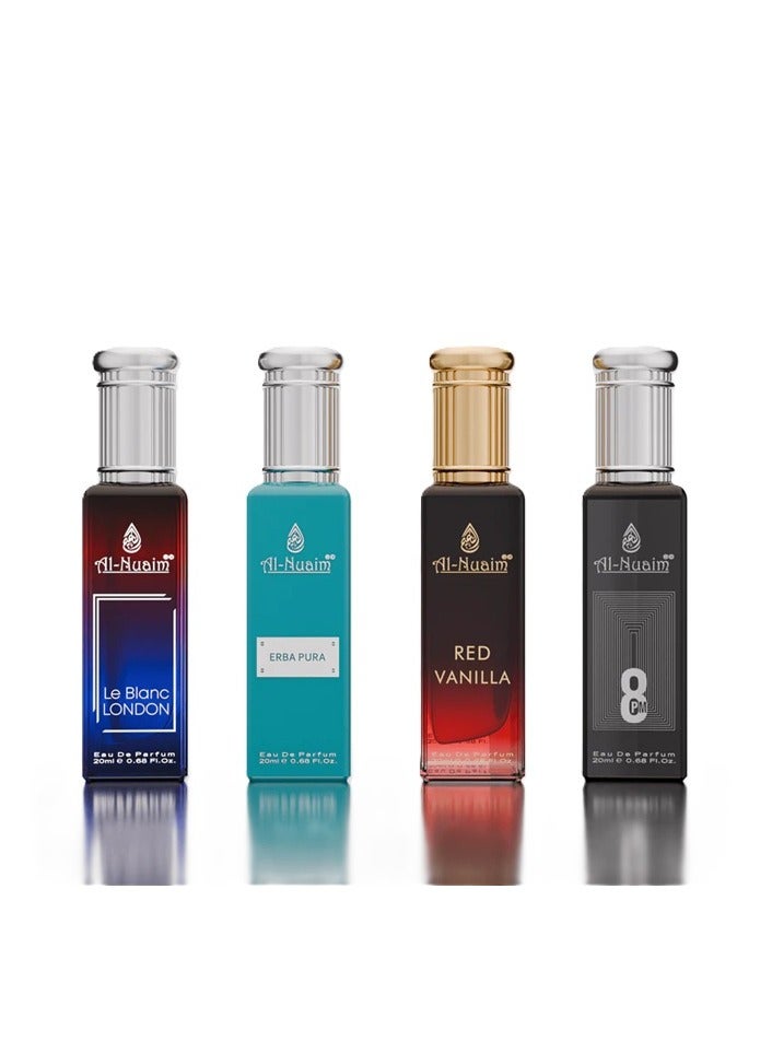 Al Nuaim Elite 4 EDP Gift Set Unisex (4 x 20ml) | Le Blanc London, Erba Pura, Red Vanilla, 8PM | Long Lasting Luxury Eau de Parfum Collection for Men & Women | Premium Travel Size Perfume Set - Image 3
