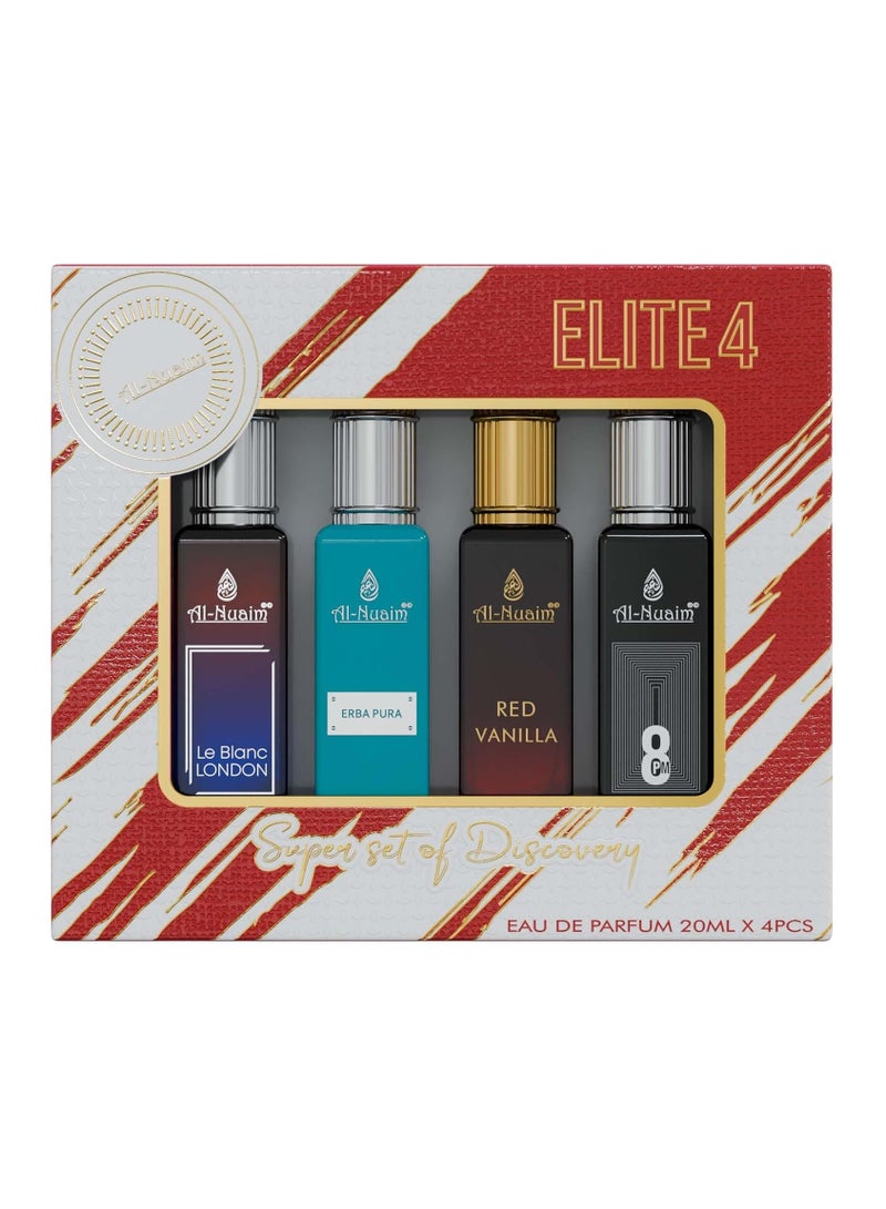Al Nuaim Elite 4 EDP Gift Set Unisex (4 x 20ml) | Le Blanc London, Erba Pura, Red Vanilla, 8PM | Long Lasting Luxury Eau de Parfum Collection for Men & Women | Premium Travel Size Perfume Set - Image 1