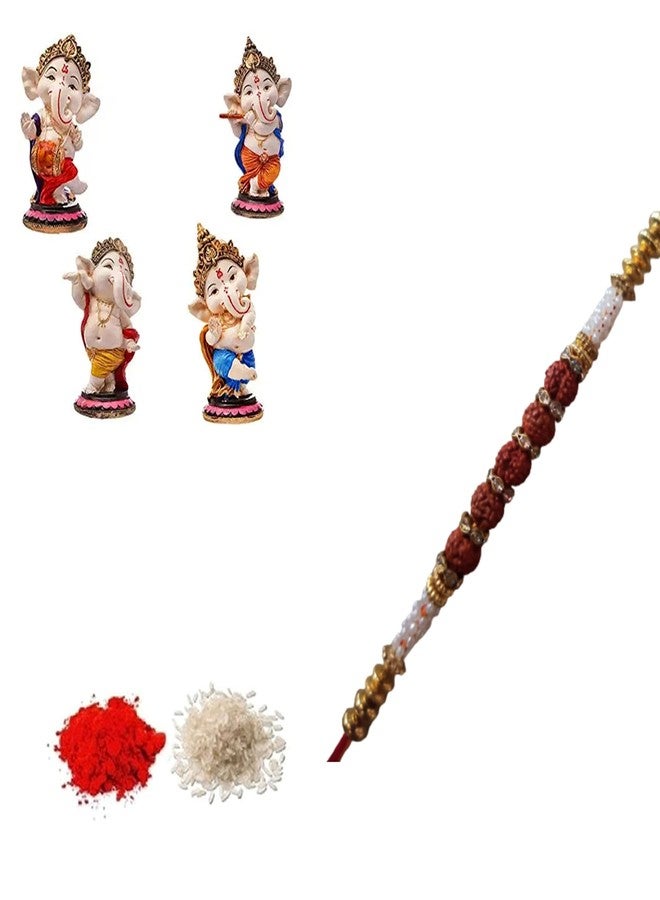 CRAFTOMANIC لؤلؤة فاخرة تقليدية، Rudraksh Multi Designer Rakhi للأخ، Raksha Bandhan Rakhi، Roli Tilak مع 4 تمثال Ganesha مجموعة Dora Rakhi للأخ مع Roli Chawal