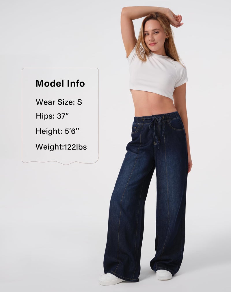 roswear Womens Jeans Non-Stretch Sweatpants Loose Fit Pull On Elastic Waist Front Seam Pants Classic Blue Large - Image 4