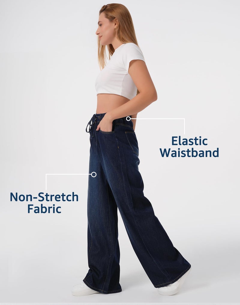roswear Womens Jeans Non-Stretch Sweatpants Loose Fit Pull On Elastic Waist Front Seam Pants Classic Blue Large - Image 3
