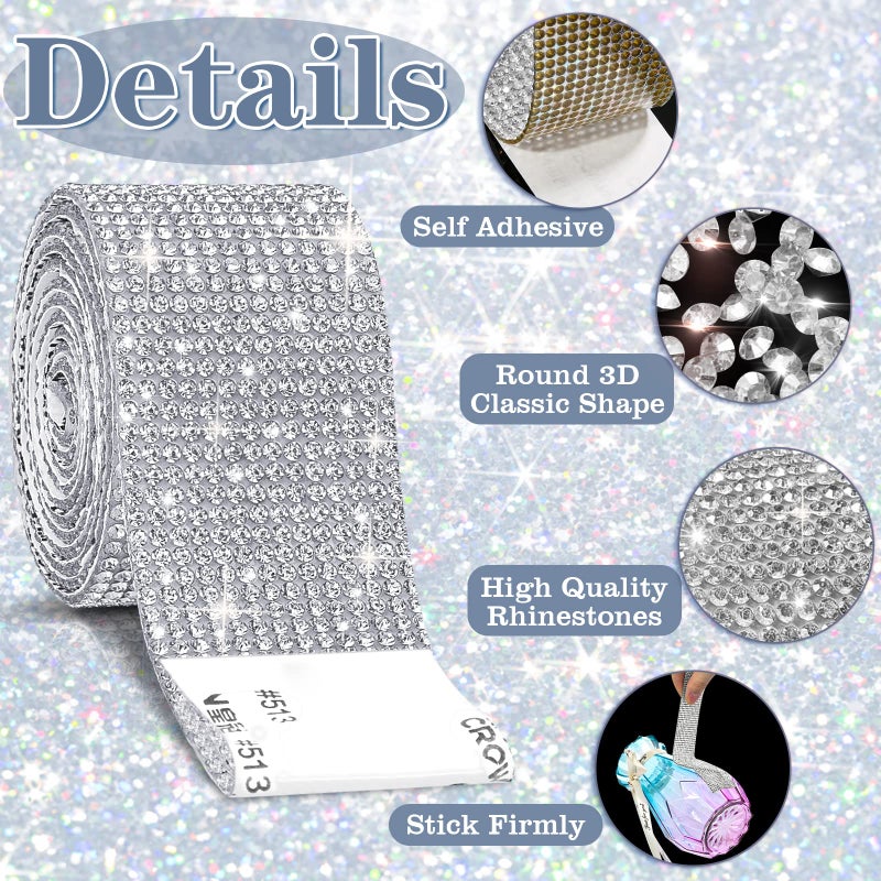 Cludoo 8 Rolls Rhinestone Ribbons,Cludoo 8 Yard Silver Self Adhesive Rhinestone Ribbon, Bling Crystal Diamond Ribbon Roll Wrap Glittering Rhinestones Sticker for Decoration Car DIY Arts Crafts Wedding - Image 3