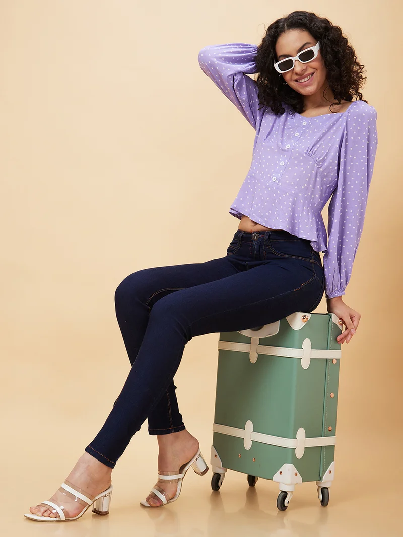 Women Lavender Polka Dots Printed Sweetheart Gathered Detailed Regular Top