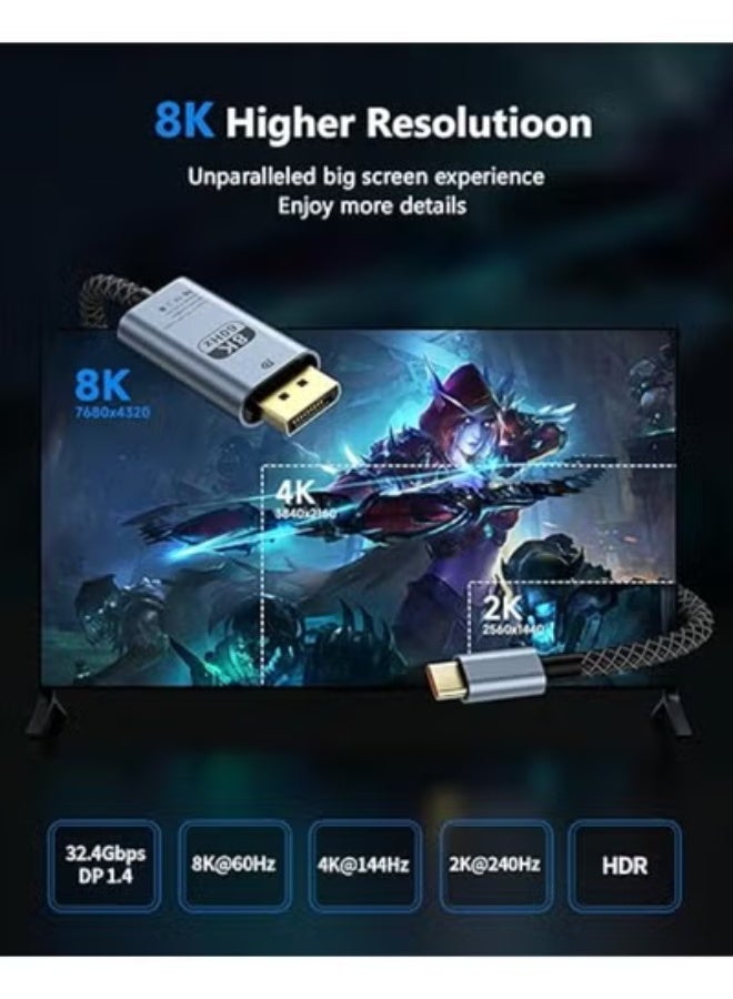 كيبل USB C إلى منفذ عرض DP 1.4 – عملي وسهل الاستخدام – مناسب للعرض بدقة عالية حتى 8K HDR بطول 6.6 قدم - Image 4