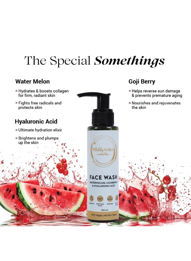 Muddy WATER COSMETICS Hyaluronic Acid Face Wash -100ml | Hydrating Cleanser with Watermelon & Goji Berry for Unisex |Reduces Inflammation & Redness |Gentle, Sulphate-Free, Suitable for All Skin Types - Image 4