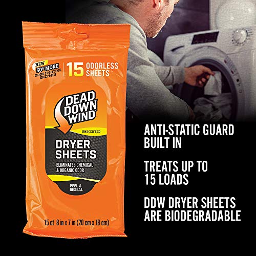 Dead Down Wind Dryer Sheets | 15 Odorless Sheets | Odor Eliminator for Hunting Gear + Hunting Accessories | Anti-Static, Biodegradable Unscented Sheets | 1 Resealable Package - Image 2