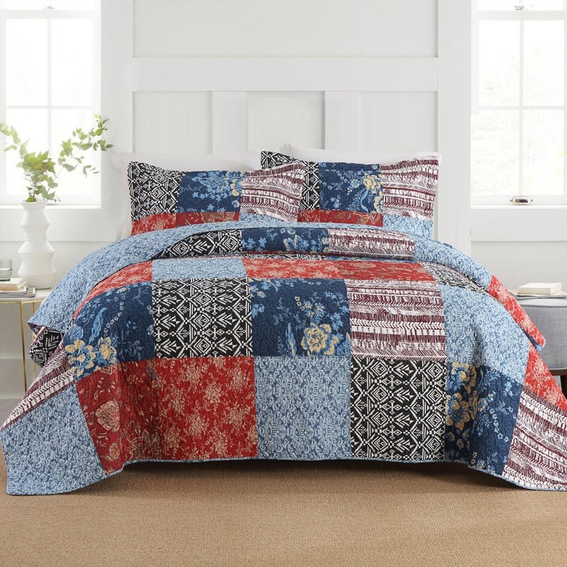 Secgo California King Comforter Set for Bed 100 Cotton Quilts Cal King Size Black Bedspreads 120 110 Inch with 2 Pillow Shams Patchwork Reversible Lightweight Bedding - Image 2