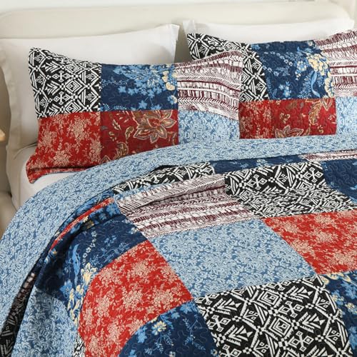 Secgo California King Comforter Set for Bed 100 Cotton Quilts Cal King Size Black Bedspreads 120 110 Inch with 2 Pillow Shams Patchwork Reversible Lightweight Bedding - Image 3