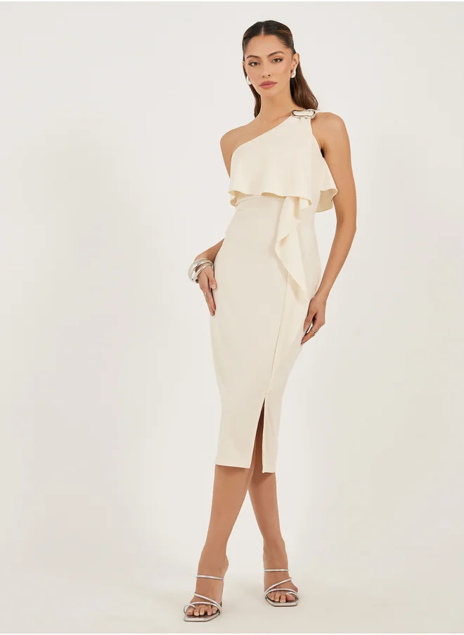 Styli Plain One Shoulder Neck Sheath Midi Dress