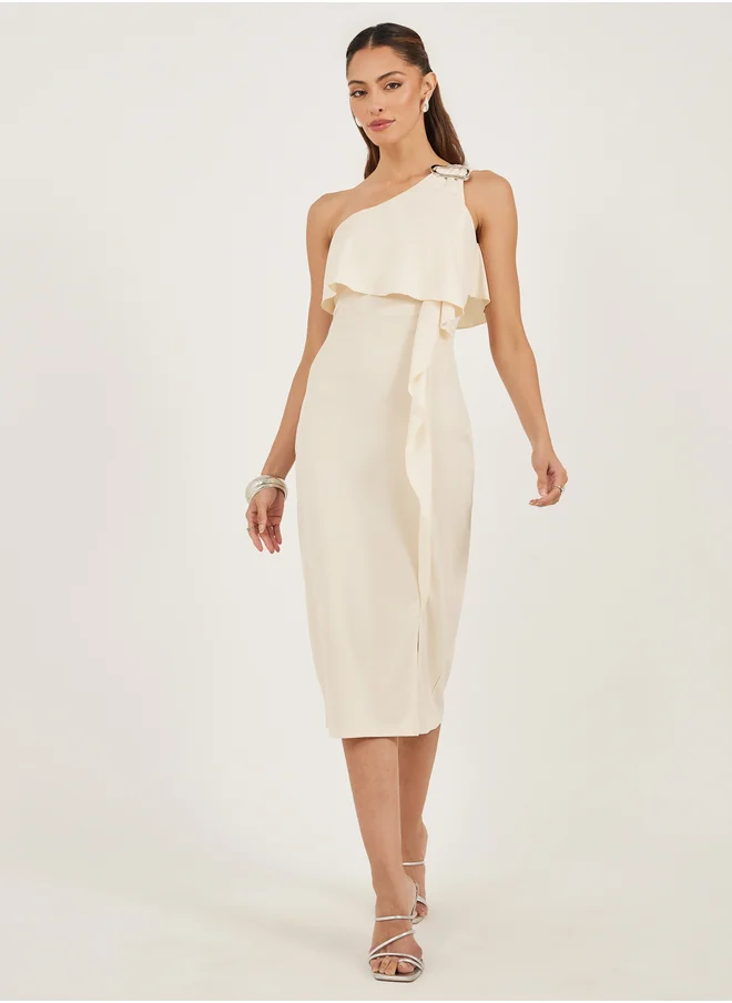 Styli Plain One Shoulder Neck Sheath Midi Dress