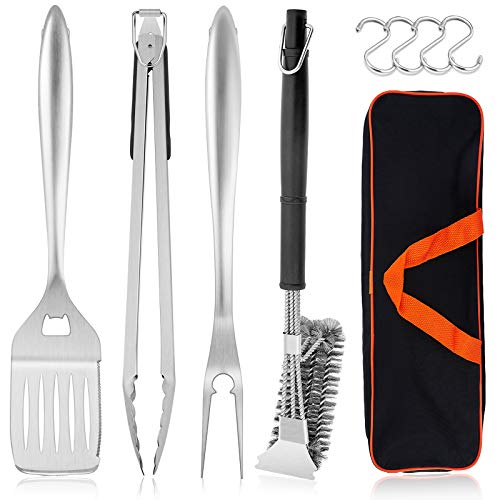 HaSteeL Grilling Utensil Set 18in, Stainless Steel BBQ Accessories Tools with Bag for Outdoor Cooking Camping, Heavy Duty Grill Spatula, Tong, Meat Fork, Basting Brush, Cleaning Brush, Man’s Gift - Image 1