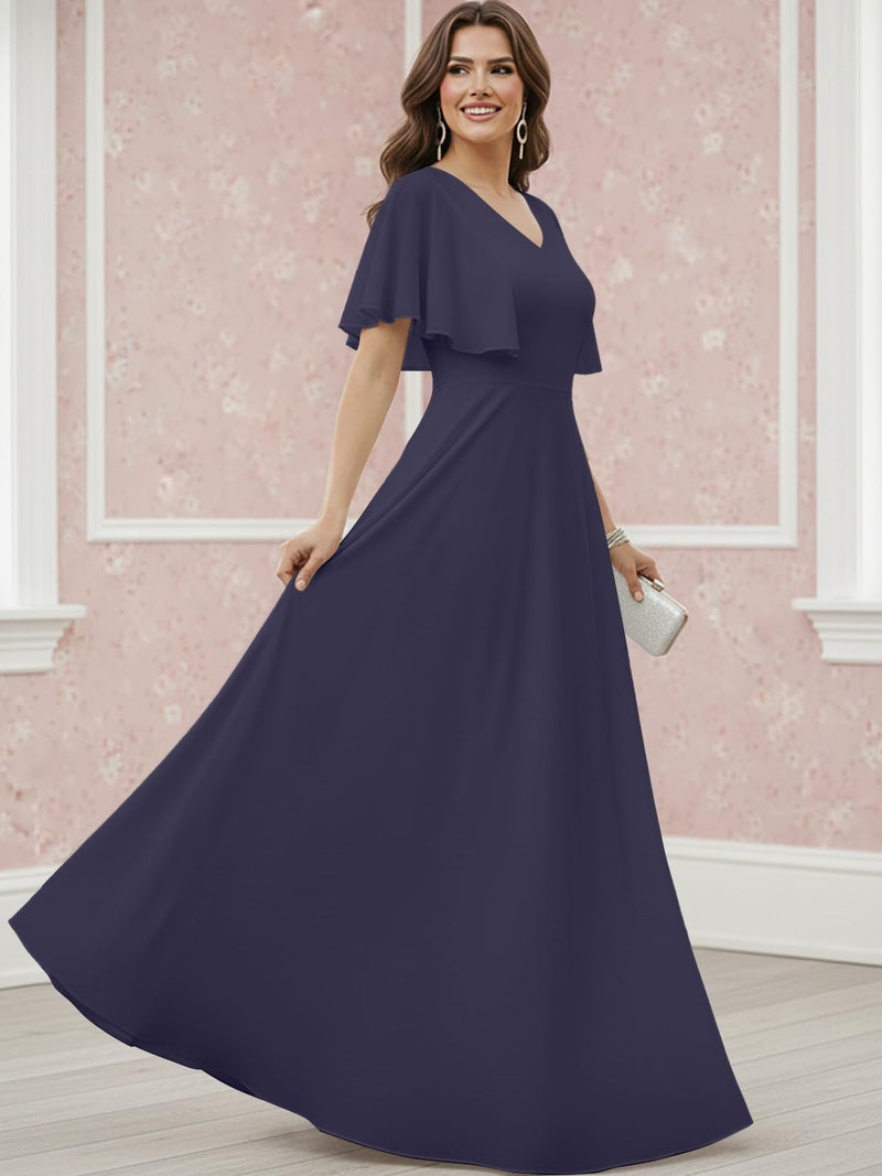 KOH KOH Plus Size Womens Short Sleeve Ruffle Elegant Modest Dressy Wedding Guest Prom Bridesmaid Cocktail Party Flowy Long Tall Formal Maxi Dress Gown, Slate Purple Gray XL 14-16 - Image 4