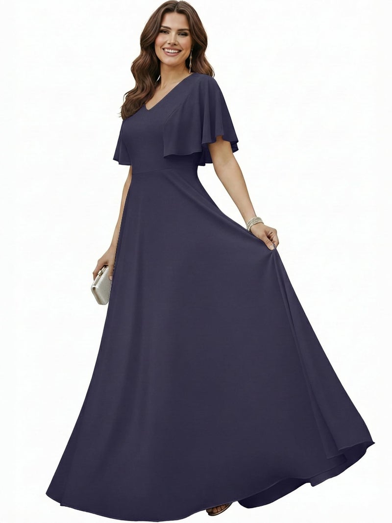 KOH KOH Plus Size Womens Short Sleeve Ruffle Elegant Modest Dressy Wedding Guest Prom Bridesmaid Cocktail Party Flowy Long Tall Formal Maxi Dress Gown, Slate Purple Gray XL 14-16 - Image 1