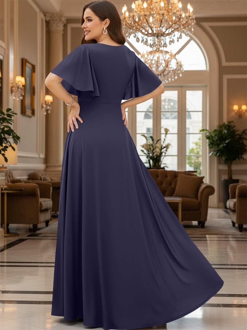KOH KOH Plus Size Womens Short Sleeve Ruffle Elegant Modest Dressy Wedding Guest Prom Bridesmaid Cocktail Party Flowy Long Tall Formal Maxi Dress Gown, Slate Purple Gray XL 14-16 - Image 5