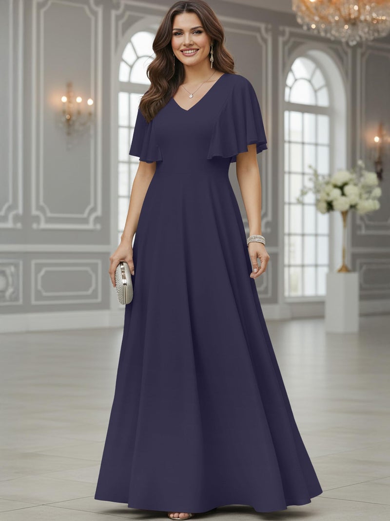 KOH KOH Plus Size Womens Short Sleeve Ruffle Elegant Modest Dressy Wedding Guest Prom Bridesmaid Cocktail Party Flowy Long Tall Formal Maxi Dress Gown, Slate Purple Gray XL 14-16 - Image 2