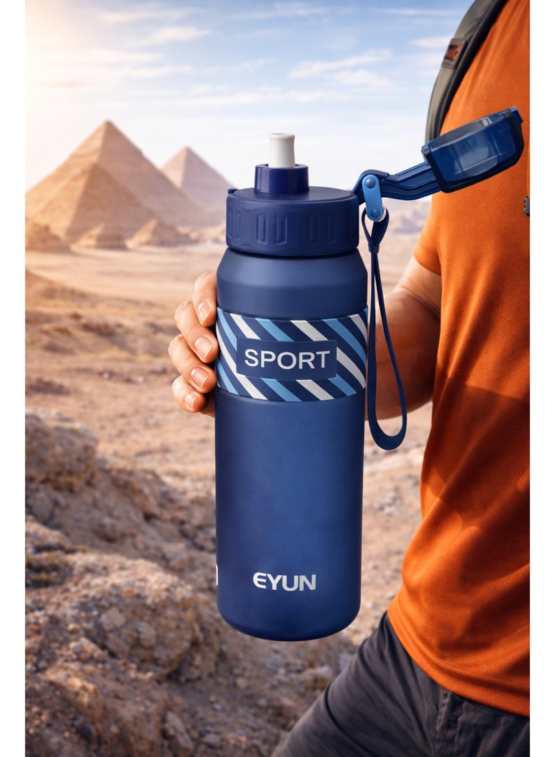EYUN زجاجة مياه رياضية 1000 مل مع شفاط مدمج وغطاء قفل بلمسة واحدة خالية من BPA مانعة للتسرب مع حزام حمل للنادي والمدرسة والسفر والأنشطة الخارجية بطول 29 سم (أزرق) - Image 3