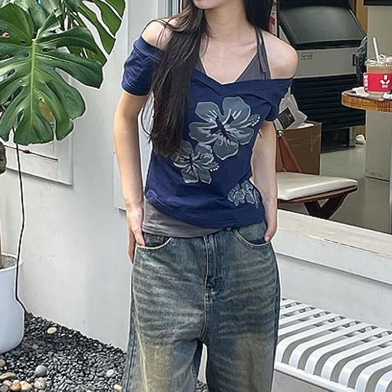 MANGMAO Emo Grunge Shirts Women 2000s Graphic Baby Tees Fake Two Piece Short Sleeve Vintage Y2k Crop Top Goth Alt Clothes (Black Grey,L,Large) - Image 2