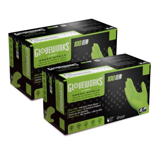 GLOVEWORKS HD Green Nitrile Gloves, 8 mil Nitrile Disposable Gloves with Raised Diamond Grip, 2 Boxes of 100 XL Gloves - Image 1