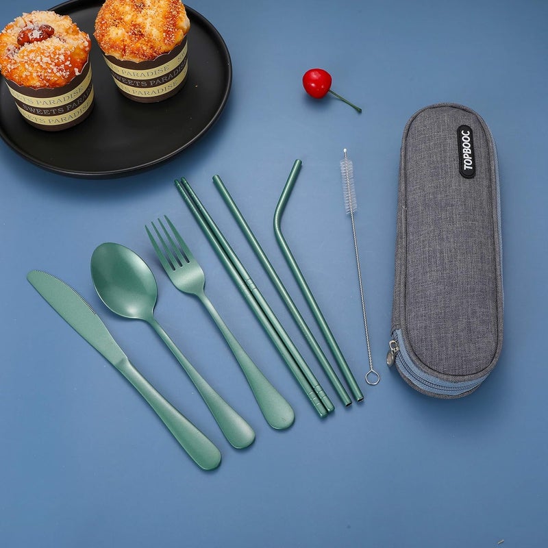 Topbooc Portable Stainless Steel Flatware Set, Travel Camping Cutlery Set, Portable Utensil Travel Silverware Dinnerware Set with a Waterproof Case (Green) - Image 5