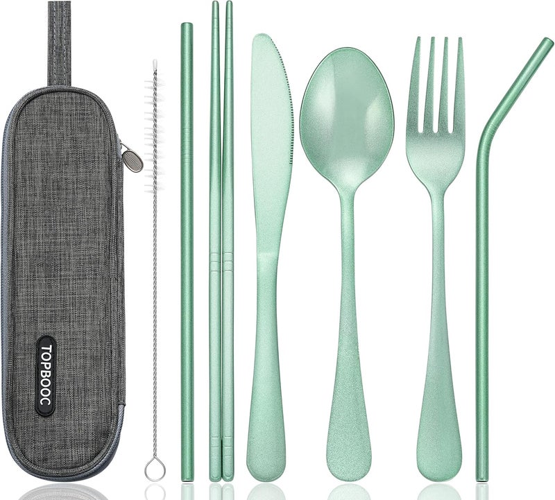 Topbooc Portable Stainless Steel Flatware Set, Travel Camping Cutlery Set, Portable Utensil Travel Silverware Dinnerware Set with a Waterproof Case (Green) - Image 1