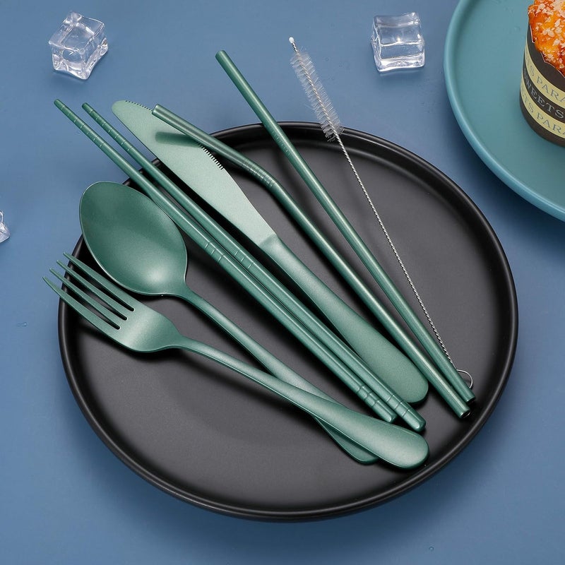 Topbooc Portable Stainless Steel Flatware Set, Travel Camping Cutlery Set, Portable Utensil Travel Silverware Dinnerware Set with a Waterproof Case (Green) - Image 2