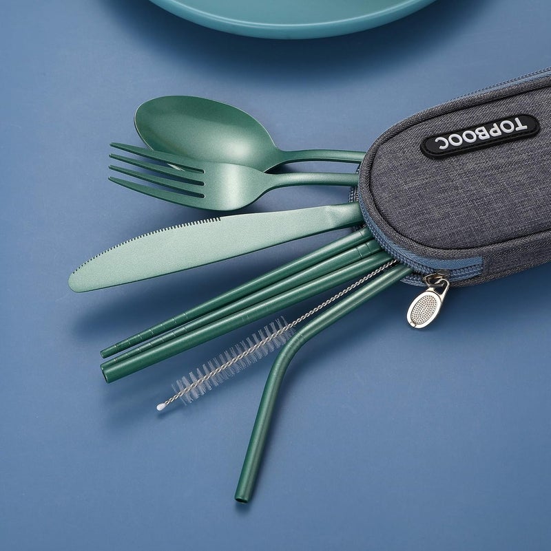 Topbooc Portable Stainless Steel Flatware Set, Travel Camping Cutlery Set, Portable Utensil Travel Silverware Dinnerware Set with a Waterproof Case (Green) - Image 4