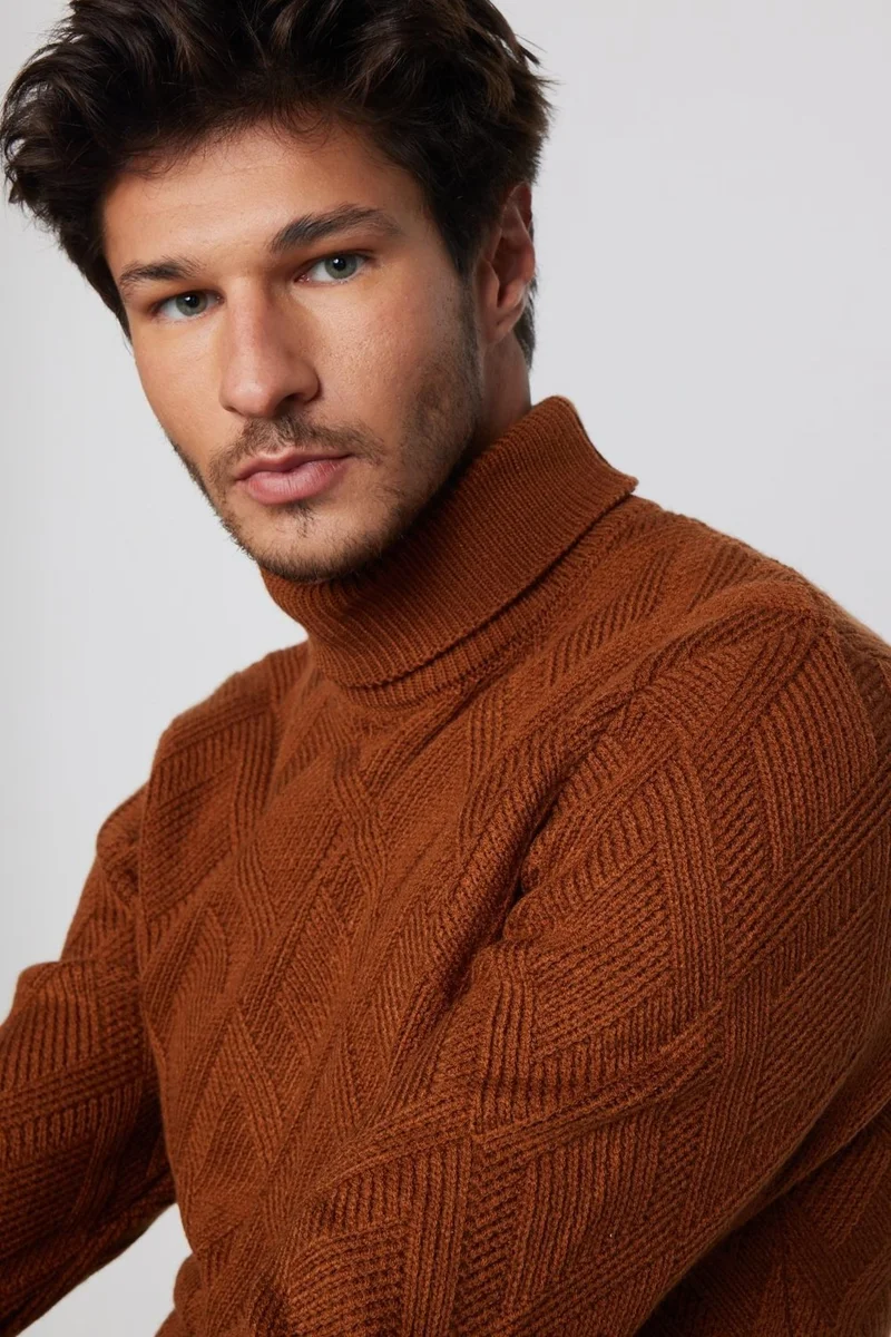 Tudors Slim Fit Slim Fit Full Turtleneck Patterned Brown Men's Knitwear Sweater
