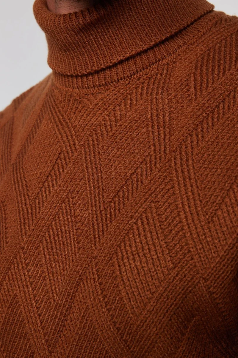 Tudors Slim Fit Slim Fit Full Turtleneck Patterned Brown Men's Knitwear Sweater