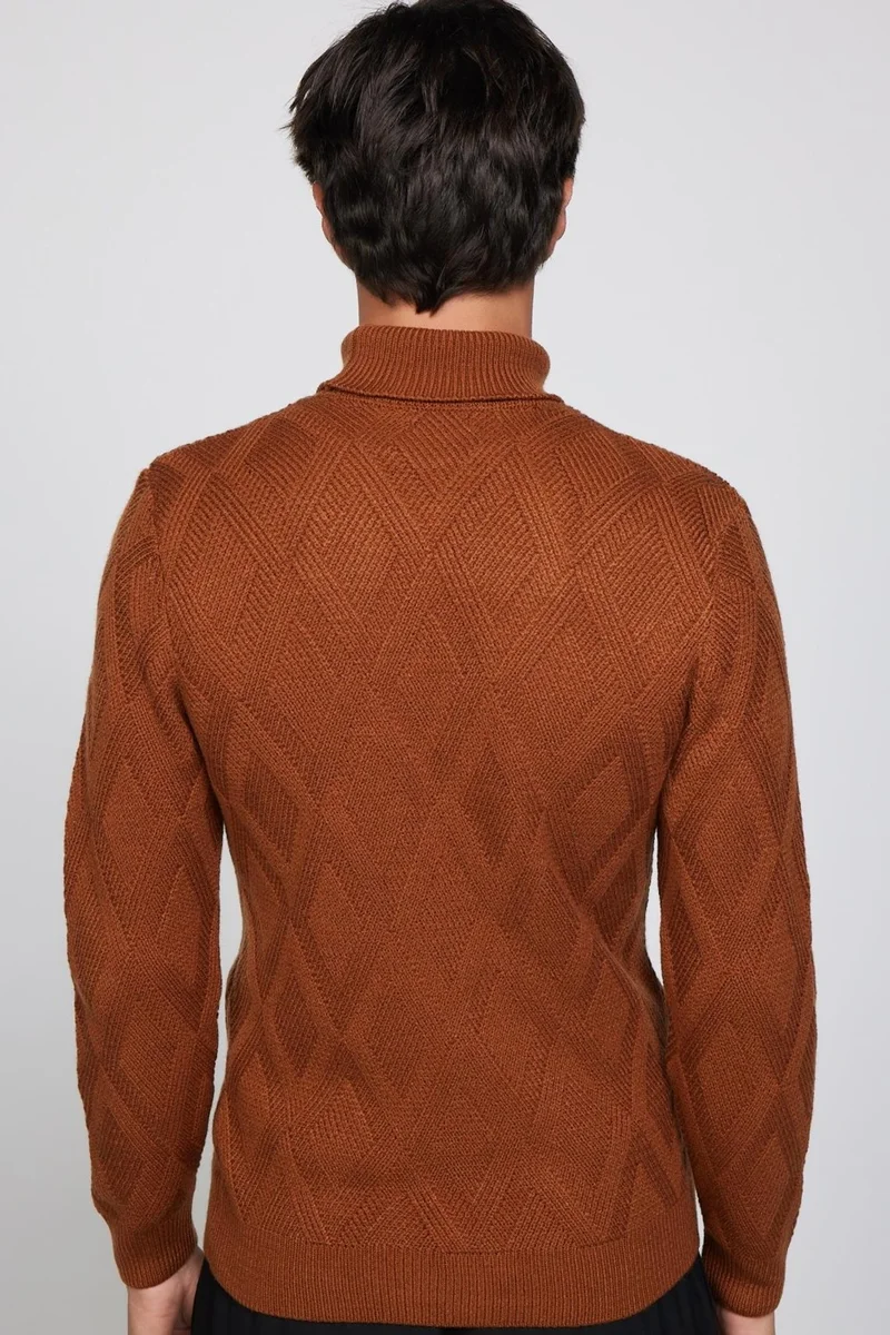 Tudors Slim Fit Slim Fit Full Turtleneck Patterned Brown Men's Knitwear Sweater