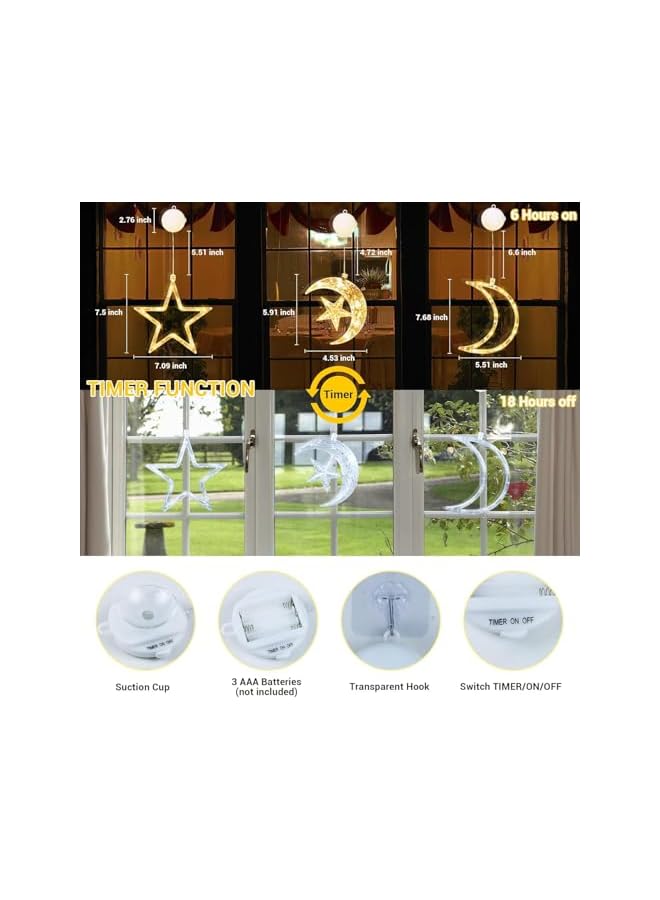 The Bros 3 عبوات من أضواء النوافذ على شكل قمر ونجوم، زينة أضواء المهرجانات مع كوب شفط، أضواء سلسلة LED على شكل قمر لظلال النوافذ، أضواء زخرفية دافئة بيضاء معلقة للديكور في حفلات المنزل - Image 3