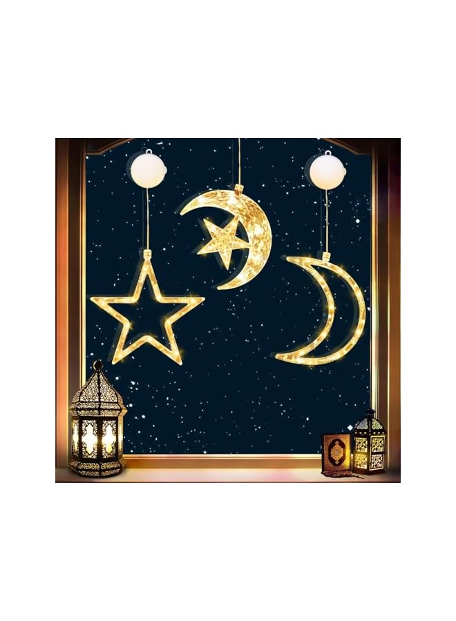 The Bros 3 عبوات من أضواء النوافذ على شكل قمر ونجوم، زينة أضواء المهرجانات مع كوب شفط، أضواء سلسلة LED على شكل قمر لظلال النوافذ، أضواء زخرفية دافئة بيضاء معلقة للديكور في حفلات المنزل - Image 2