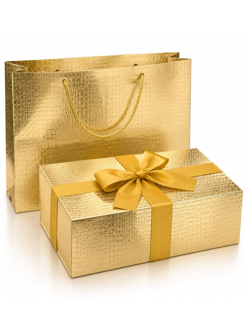 MAMATOONS Luxury Gift Box Gold Colour with Gift Bag and Ribbon, Magnetic Closure, Premium Texture, Gift Packaging Box for Men Women Birthdays Wedding Parties Festivals, Size 29 x 21 x 9.5 cm - Image 1