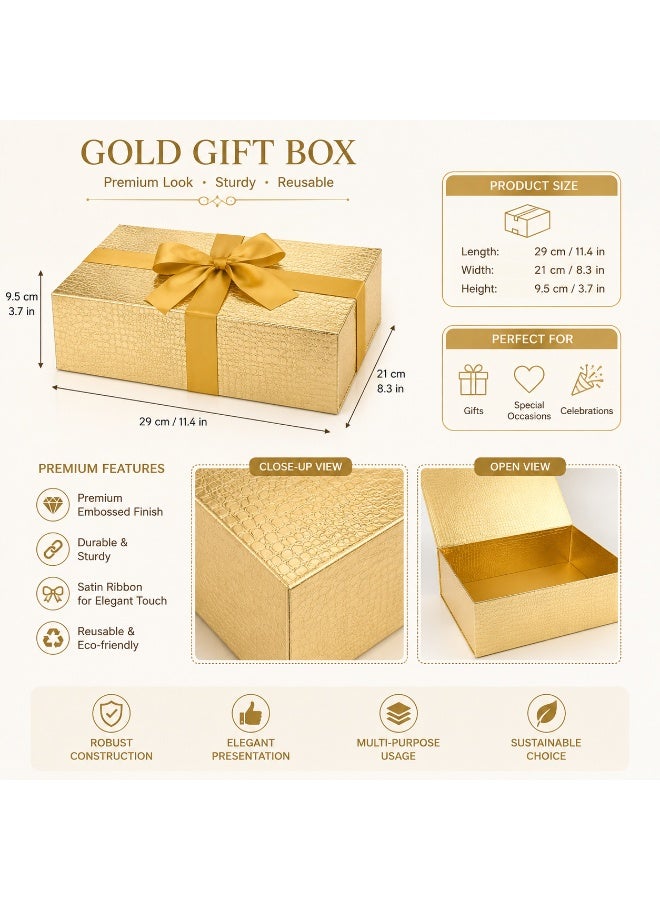 MAMATOONS Luxury Gift Box Gold Colour with Gift Bag and Ribbon, Magnetic Closure, Premium Texture, Gift Packaging Box for Men Women Birthdays Wedding Parties Festivals, Size 29 x 21 x 9.5 cm - Image 2