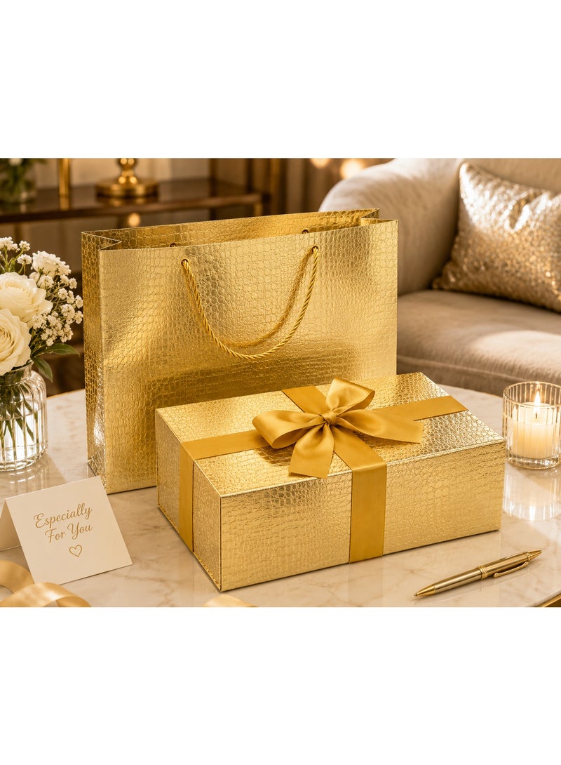 MAMATOONS Luxury Gift Box Gold Colour with Gift Bag and Ribbon, Magnetic Closure, Premium Texture, Gift Packaging Box for Men Women Birthdays Wedding Parties Festivals, Size 29 x 21 x 9.5 cm - Image 5