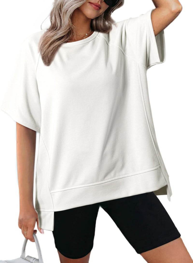 Dokotoo Oversized T Shirts for Women Fashion 2025 Casual Crewneck Short Sleeve Tee Spring Summer Tops Loose Fit High Low Lightweight Solid Color T-Shirts Blouse Workout Tops for Women White Small - Image 1