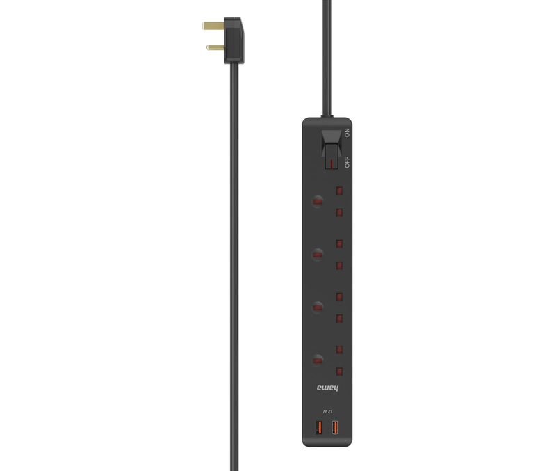 Hama 4-Way Power Extension Strip with 2 USB Ports 12W Fast Charging UK Plug Multi Socket Surge Protector 3 Meter Extra Long Cable Illuminated Switch Tower Design Extension Cord for Home Office Black - Image 1