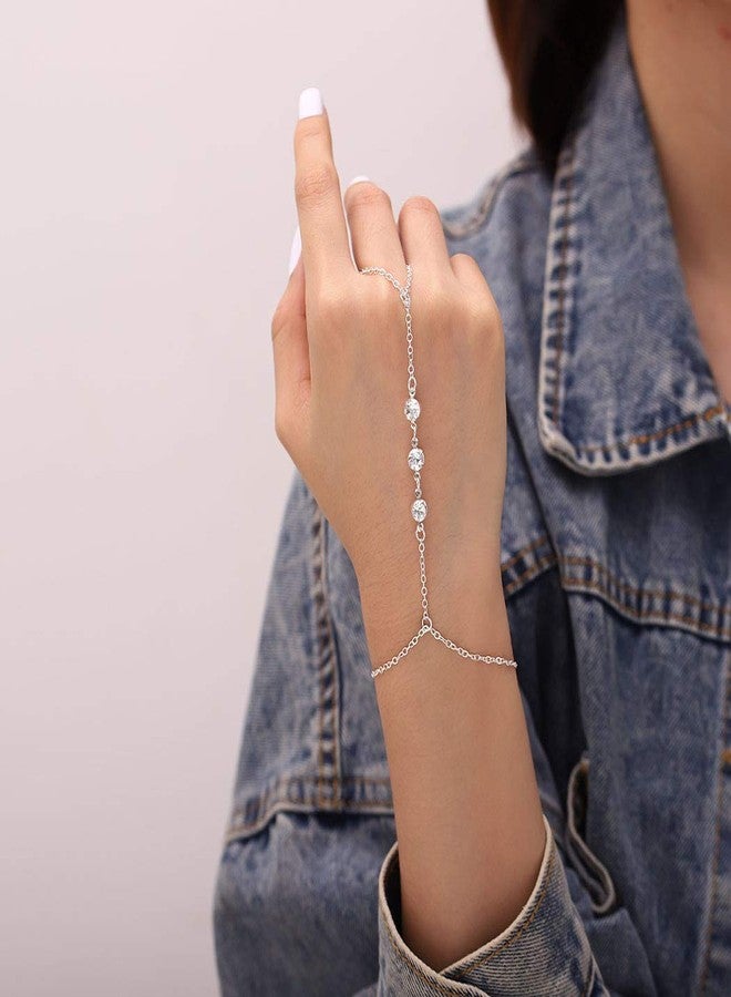 Bomine Crystal Finger Bracelets Ring Hand Chain Beach Slave Bracelet Jewelry for Women(Silver) - Image 2