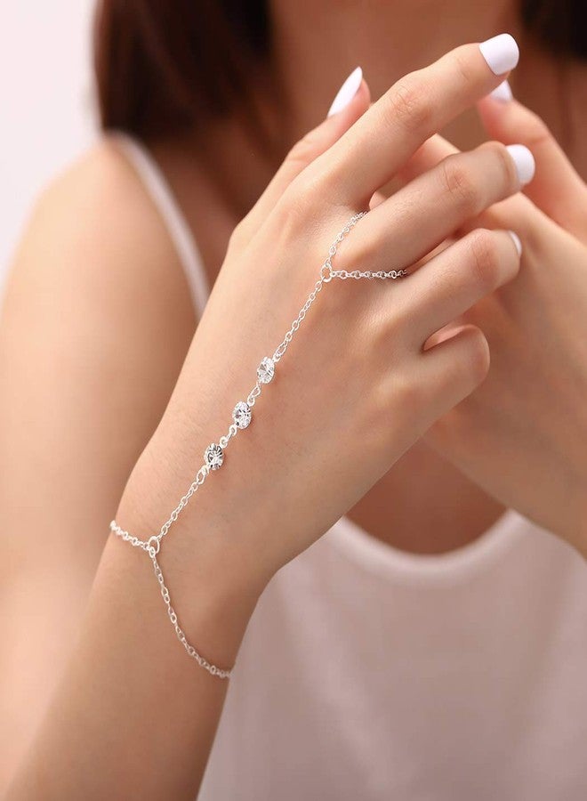 Bomine Crystal Finger Bracelets Ring Hand Chain Beach Slave Bracelet Jewelry for Women(Silver) - Image 1