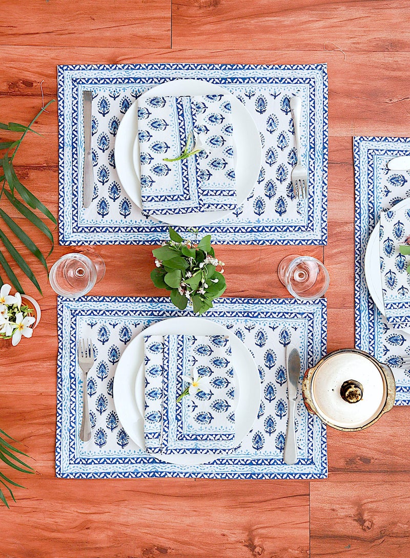 OJARIYA 12 Piece Indigo Hand Block Printed Table Placemats on 100 Percent Canvas Cotton & Soft Cotton Napkin Set  - Image 2