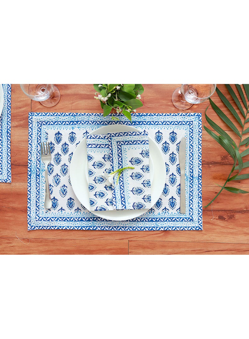 OJARIYA 12 Piece Indigo Hand Block Printed Table Placemats on 100 Percent Canvas Cotton & Soft Cotton Napkin Set  - Image 1