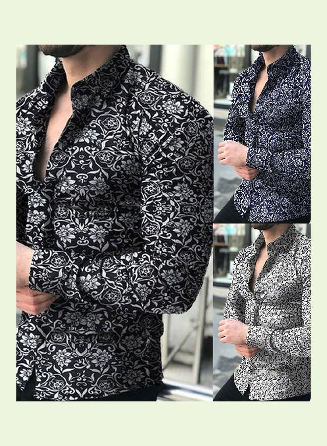 NIBEMINENT Spring Autumn Business Men Fashion Floral Print Slim Fit Long Sleeve Shirt Navy Blue  - Image 2