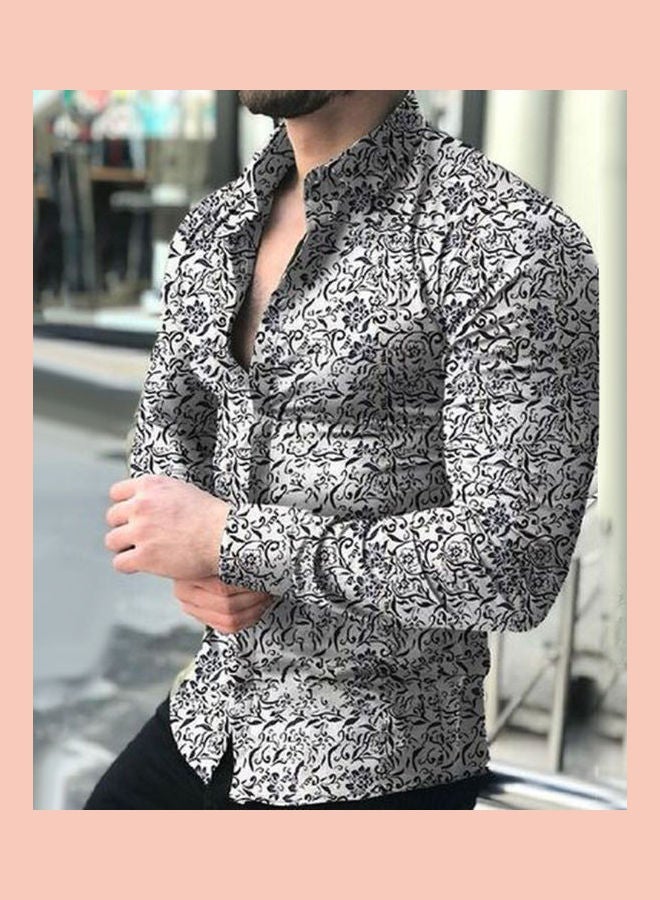 NIBEMINENT Spring Autumn Business Men Fashion Floral Print Slim Fit Long Sleeve Shirt Navy Blue  - Image 4