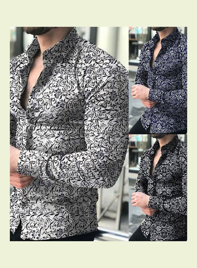 NIBEMINENT Spring Autumn Business Men Fashion Floral Print Slim Fit Long Sleeve Shirt Navy Blue  - Image 3
