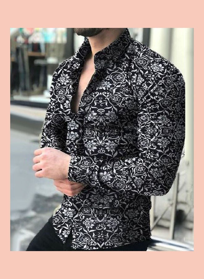 NIBEMINENT Spring Autumn Business Men Fashion Floral Print Slim Fit Long Sleeve Shirt Navy Blue  - Image 5