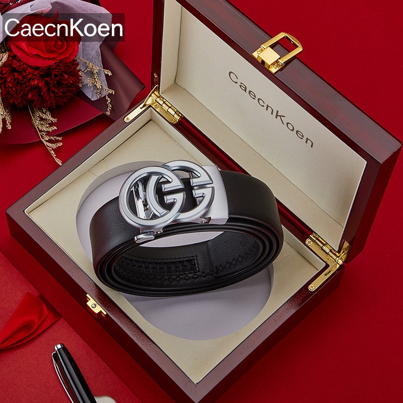 CaecnKoen Mens Luxury Genuine Leather Belt with Automatic Buckle 9PD15L-LH Chrome Solid Wood Gift Box 