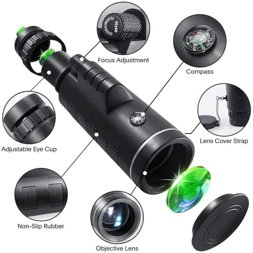 ZHIZUKA Monocular 40X60HD Zoom Magnification Telescope + Mobile Phone Mount + Tripod for Adults and Children. High Power, Bi-Focal, FMC Coating and BAK4 Prism Optical Lens Gadget. Moon, Bird Watching/ Wildlife Hunting/ Stargazing/ Outdoor Camping Hiking/ Live Concert. - Image 2