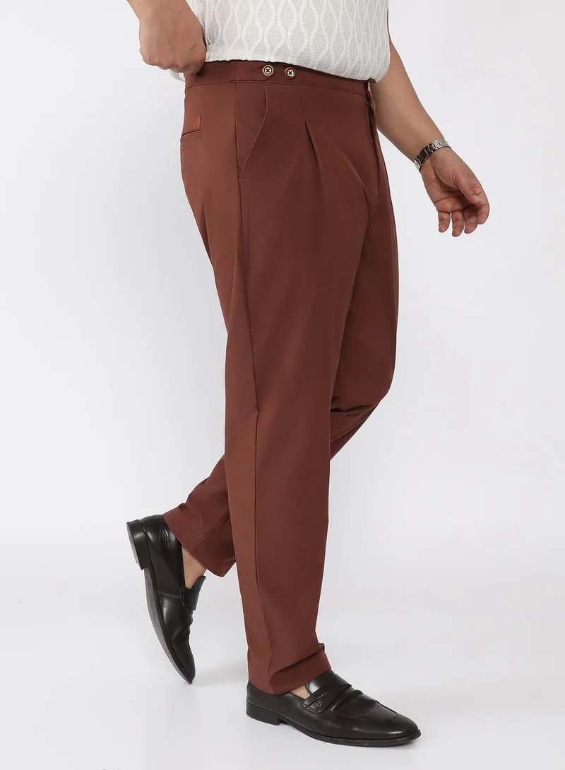 Campus Sutra  Men Pleated-Textured Tailored Trousers | Mid Rise , Side-Button Adjuster | Button Closure , Straight Hem | Solid Textured | Woven Fabric For Casual & Evening Wear | Teddy Brown for Men | Best Price UAE